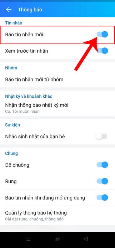 Bật công tắc Báo tin nhắn mới
