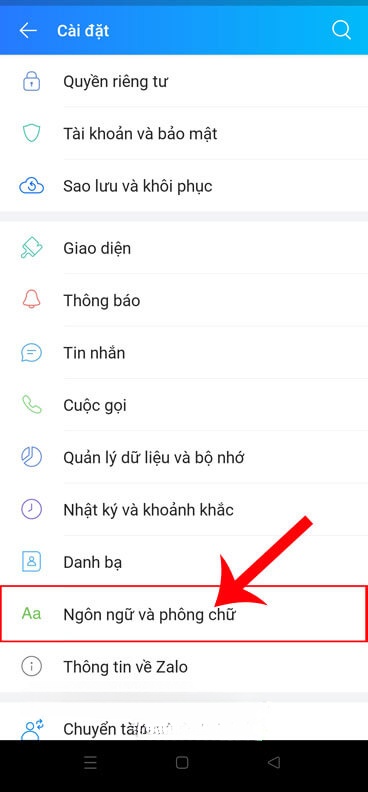 Chạm vào mục Ngôn ngữ và phông chữ