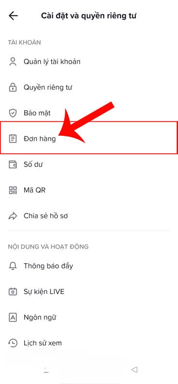 Nhấn vào mục Đơn hàng