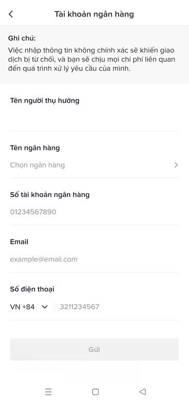 Điền thông tin tài khoản ngân hàng