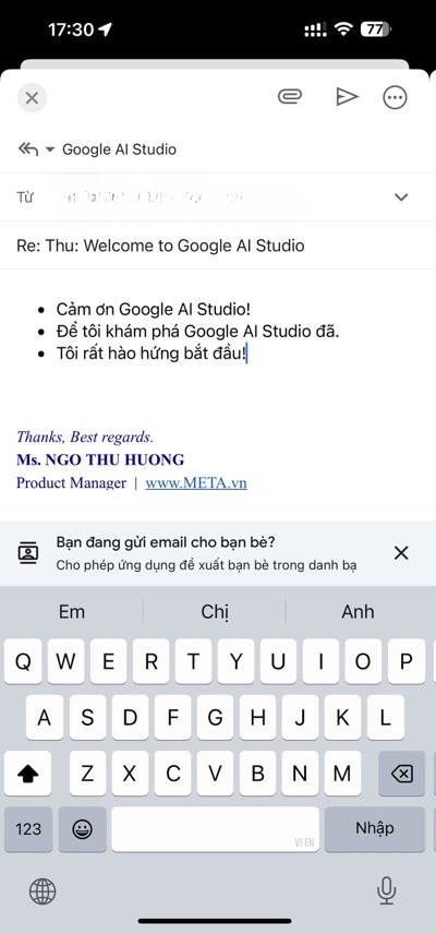 Chèn nội dung trả lời từ Gemini trong Gmail 