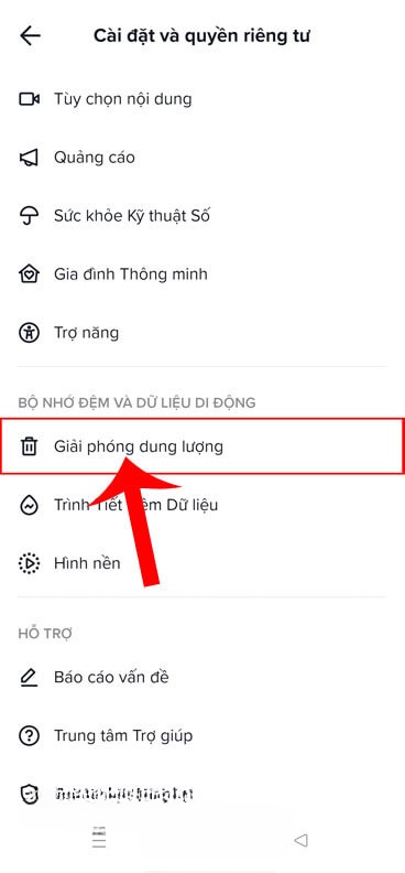 Chạm vào mục Giải phóng dung lượng