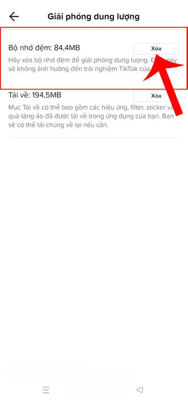 Nhấn vào nút Xóa ở mục Bộ nhớ đệm