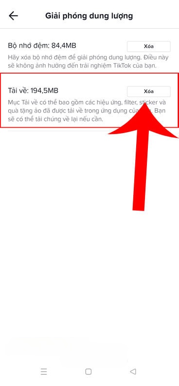 Ấn vào nút Xóa ở phía bên phải mục Tải về 