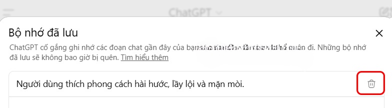 Xóa thông tin lưu trữ ChatGPT
