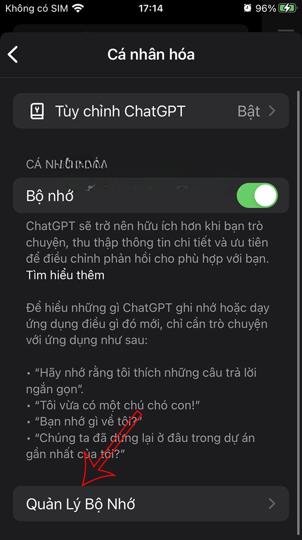 Quản lý bộ nhớ ChatGPT điện thoại 