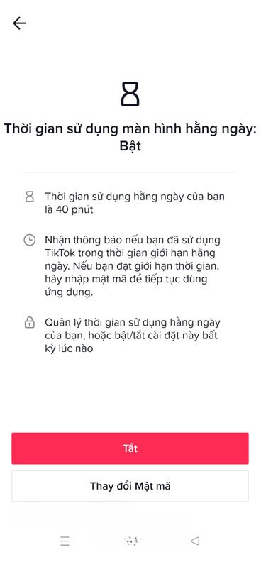 Đã bật giới hạn sử dụng TikTok