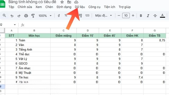 Nhấp chuột vào mục Dữ liệu