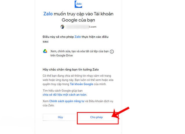 Click chuột vào nút Cho phép