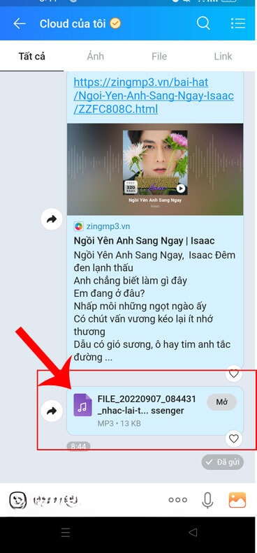 Đã gửi file âm nhạc trên Zalo