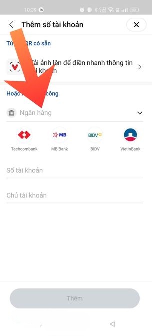 Nhập thông tin: Tên ngân hàng, Số tài khoản, Chủ tài khoản