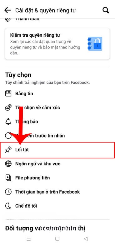 Nhấn vào mục Lối tắt