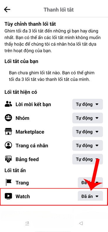 Nhấn vào nút Đã ẩn bên cạnh mục Watch