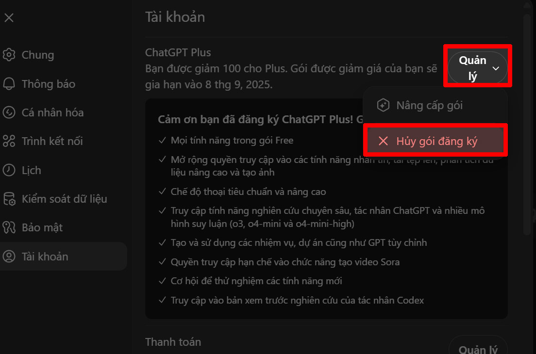 Hủy gói ChatGPT Plus máy tính