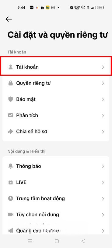 Ấn vào mục Tài khoản
