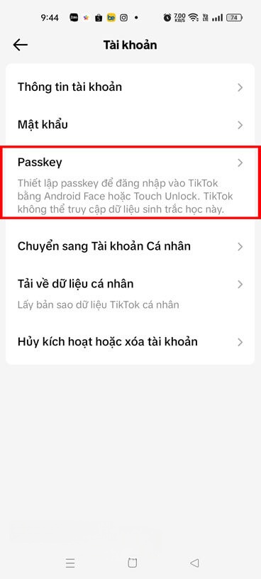 Chạm vào mục Passkey
