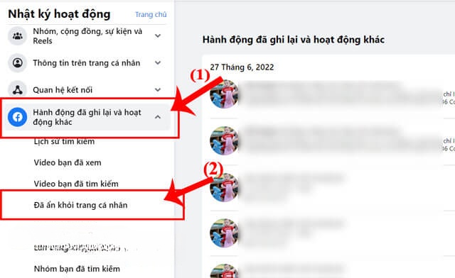  Click chuột vào mục Hoạt động đã ghi và hoạt động khác > Chọn mục Đã ẩn khỏi trang cá nhân 