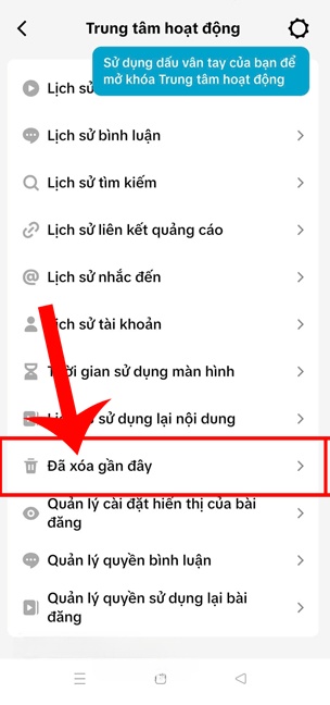 Chạm vào mục Đã xóa gần đây