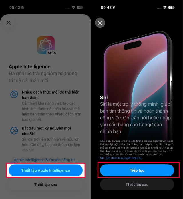 Chạm vào mục Thiết lập Apple Intelligence > Nhấn vào nút Tiếp tục