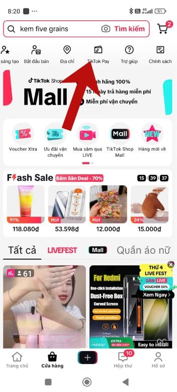 Chạm vào mục TikTok Pay