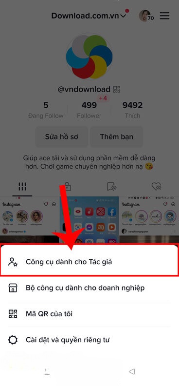 Nhấn vào mục Công cụ dành cho tác giả.