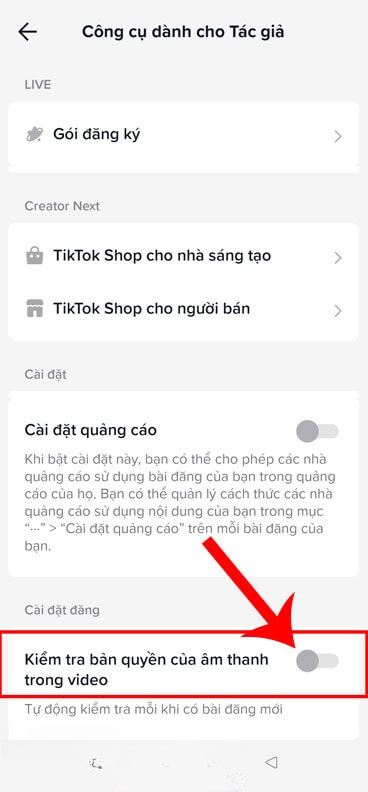 Gạt công tắc Kiểm tra bản quyền của âm thanh trong video