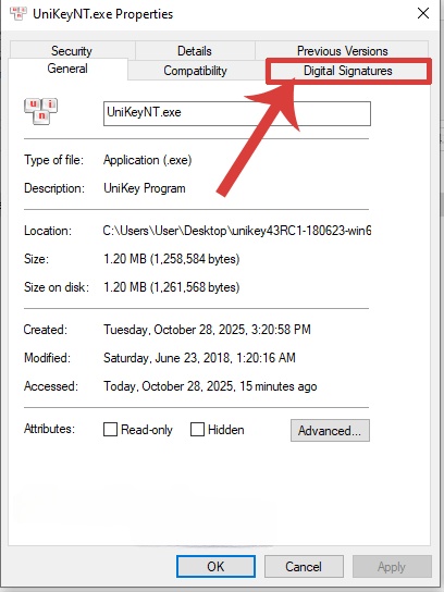 Click chuột vào mục Digital Signatures