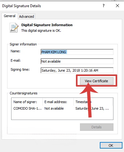 Nhấp chuột vào mục View Certificate