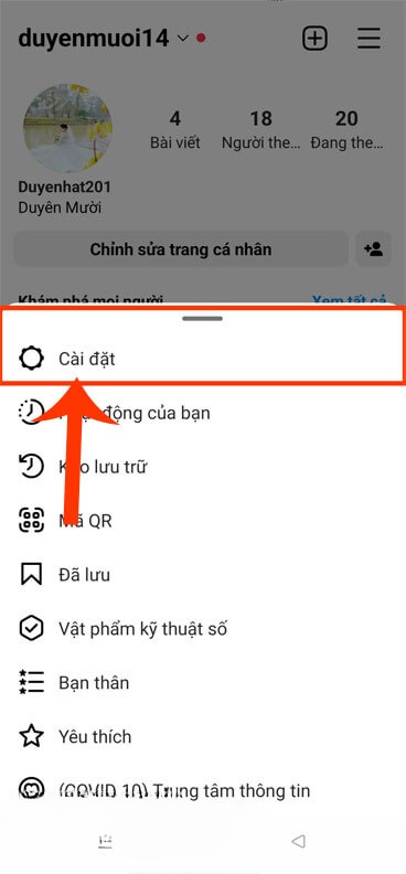 Nhấn vào mục Cài đặt.