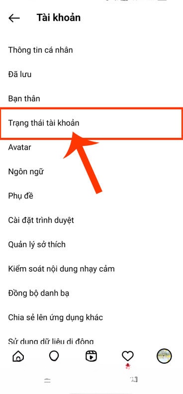 Chạm vào mục Trạng thái tài khoản.