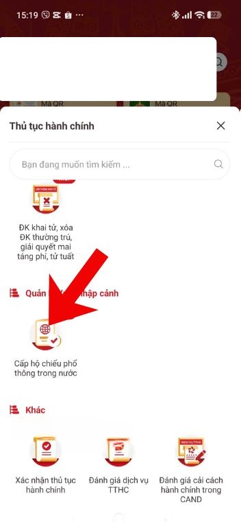Chạm vào mục Cấp hộ chiếu phổ thông trong nước