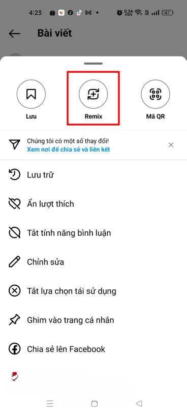 Chạm vào mục Remix