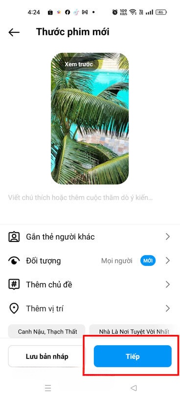 Chạm vào mục Tiếp