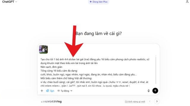 Nhập mẫu câu lệnh tạo ảnh sticker em bé, rồi nhấn vào biểu tượng mũi tên đi lên