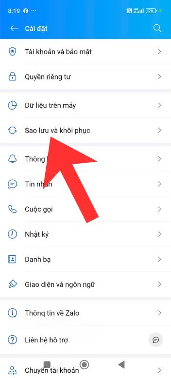 Chạm vào mục Sao lưu và khôi phục