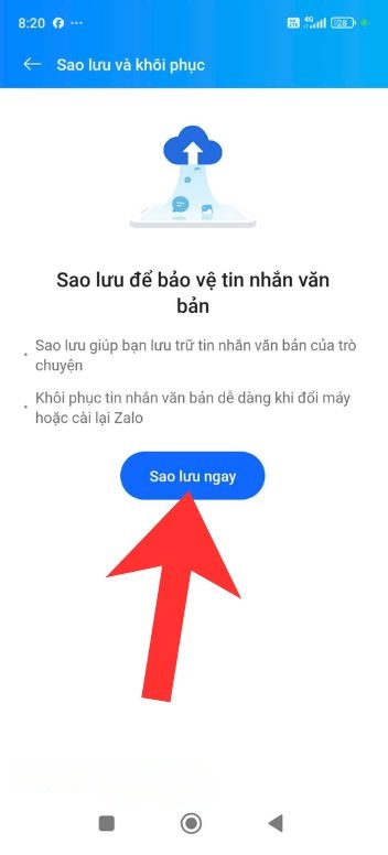 Chạm vào nút Sao lưu ngay