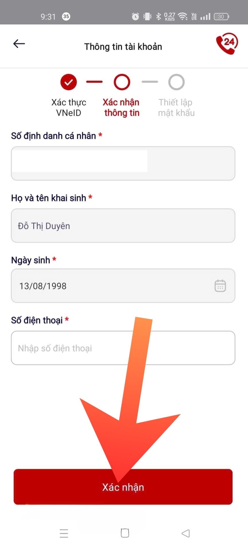 Chạm vào nút Xác nhận