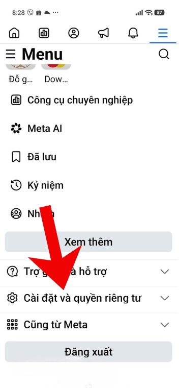 Chạm vào mục Cài đặt và quyền riêng tư