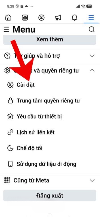 Nhấn vào mục Cài đặt
