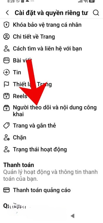 Ấn vào mục Người theo dõi và nội dung công khai
