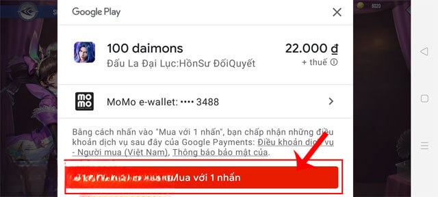 Chạm vào nút Mua với 1 nhấn
