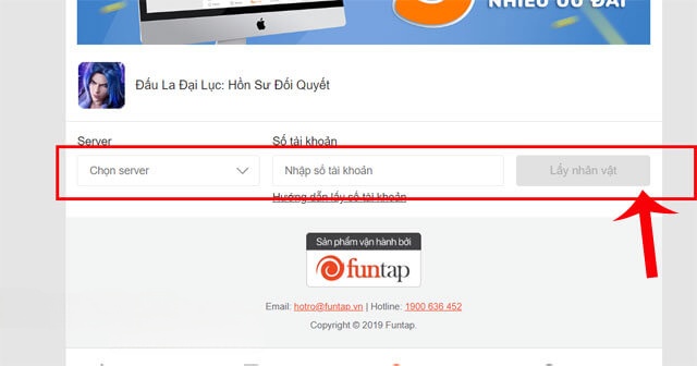 Chọn server và nhập ID nhân vật
