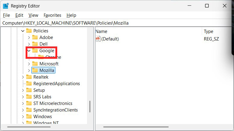 Khóa Google trong Registry Editor