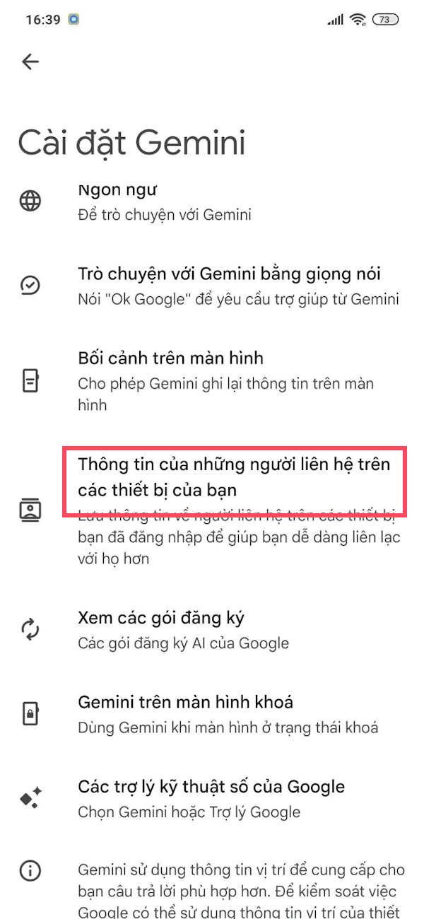 Thông tin liên hệ trên Gemini