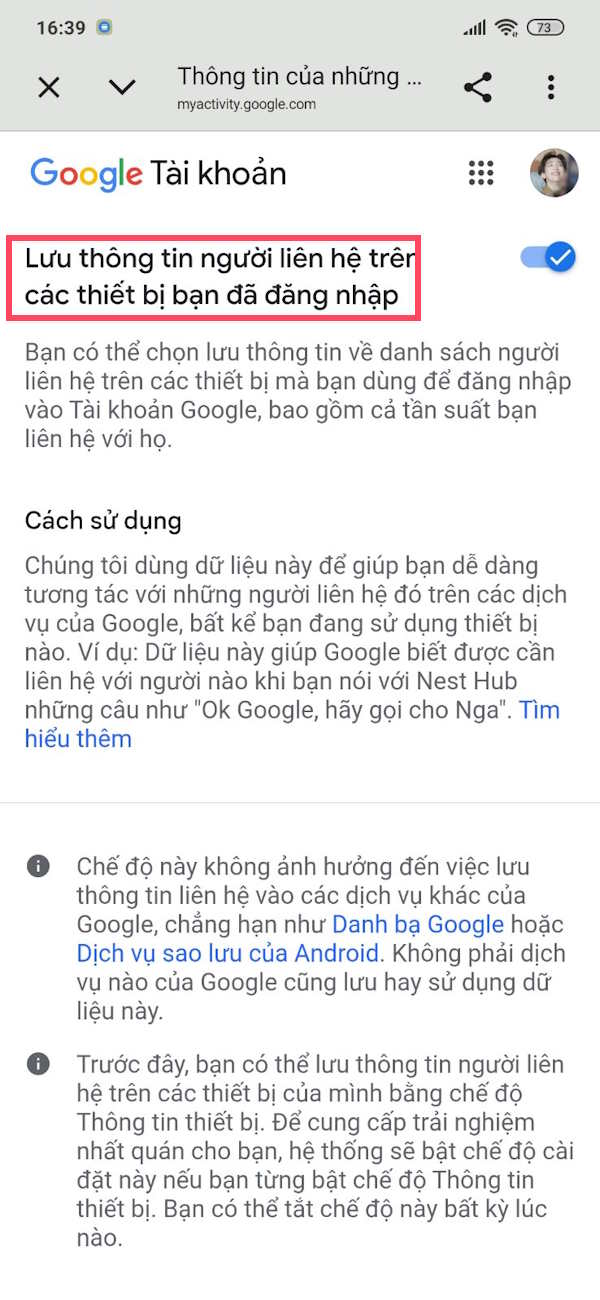 Bật thông tin liên hệ trên Gemini