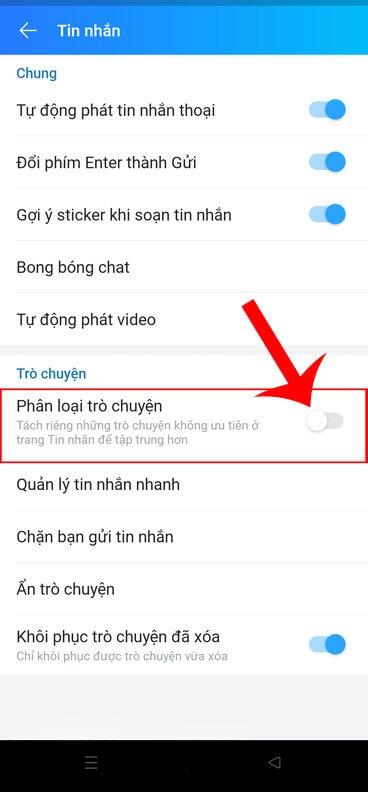Gạt và bật công tắc mục Phân loại trò chuyện