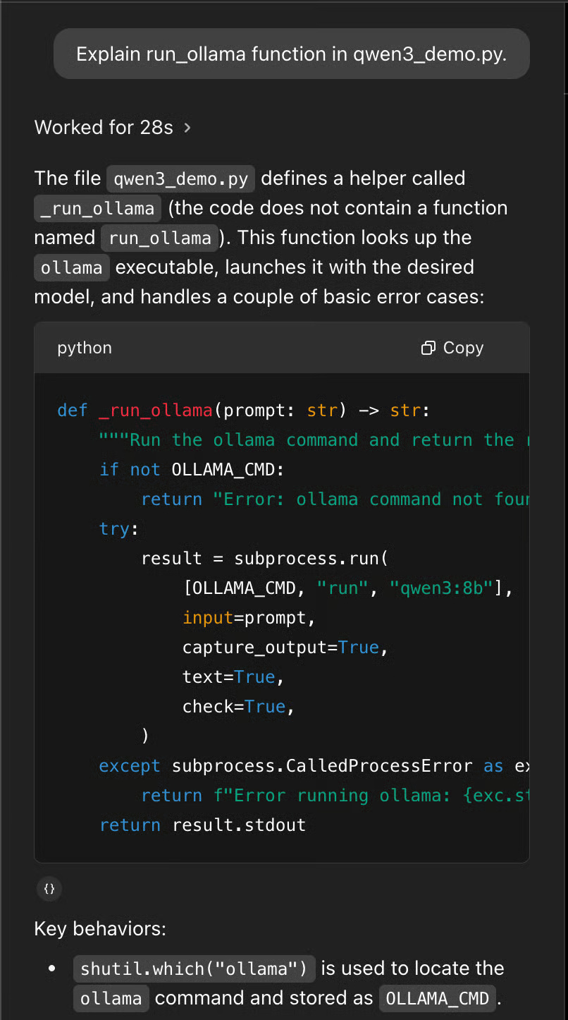 Giải thích một hàm trong cơ sở code bằng Codex của OpenAI