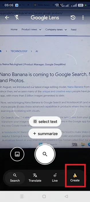 Nút Create trong ứng dụng Google Lens ở chế độ camera (Android) với biểu tượng quả chuối hiển thị.
