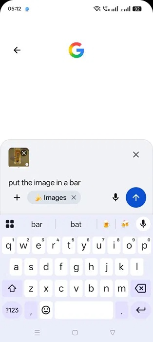 Nhập prompt văn bản với hình ảnh đã upload lên trong Google Search cho hiệu ứng Nano Banana (Android).
