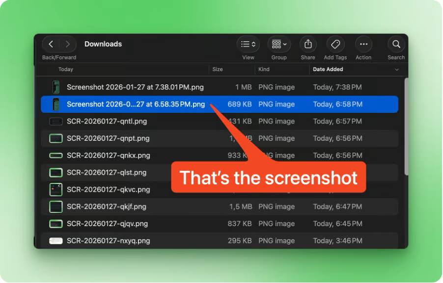 Thư mục Downloads của macOS Finder chứa ảnh chụp màn hình mục tiêu để Moltbot tìm